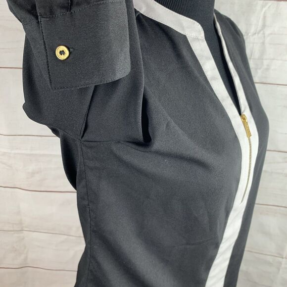 Calvin Klein XS Office Work Career Blouse Roll-up Sleeves Black White Gold Zip - Picture 7 of 16